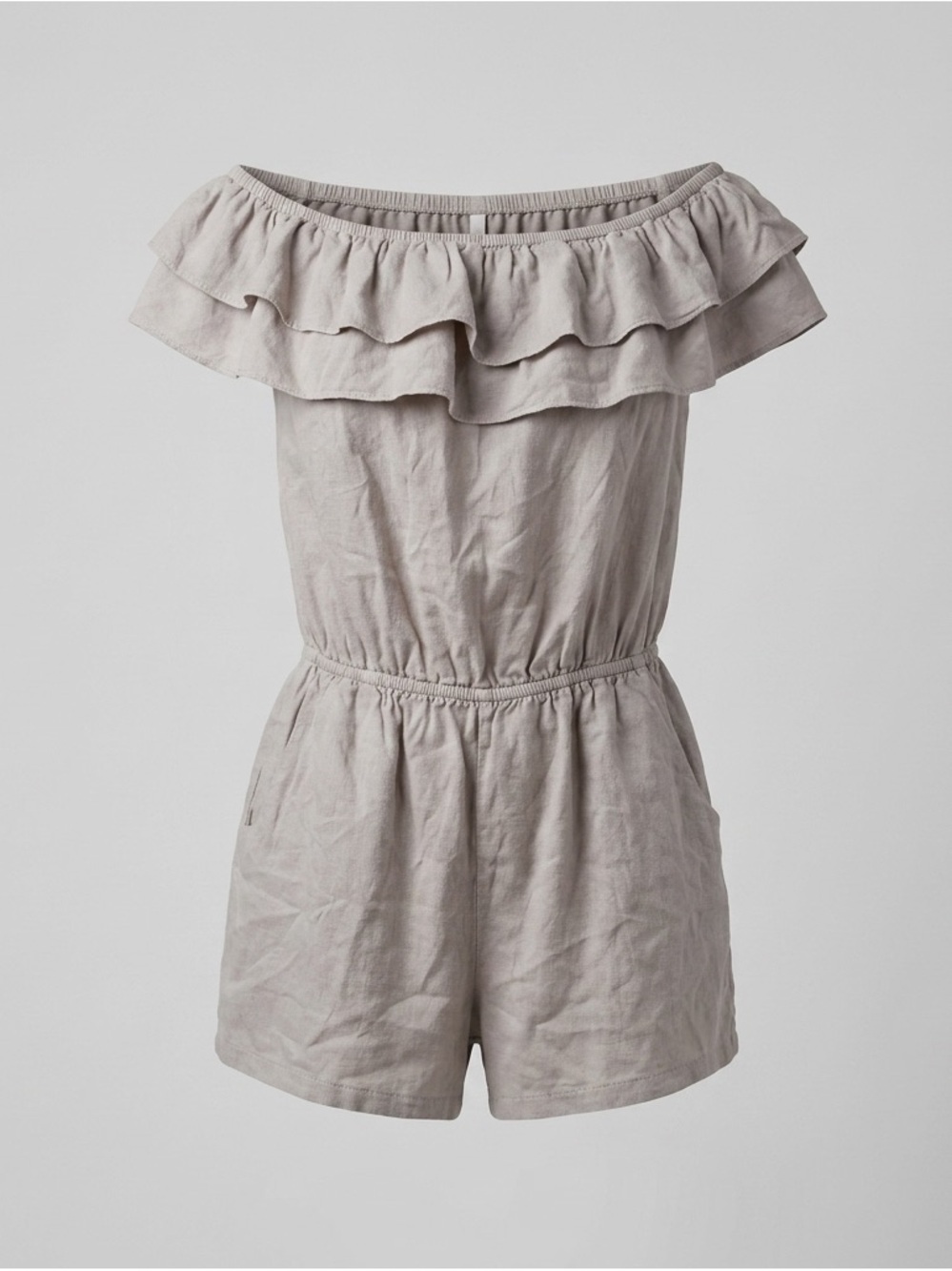 Chocolate taupe Ruffled Off-Shoulder Romper estimated small